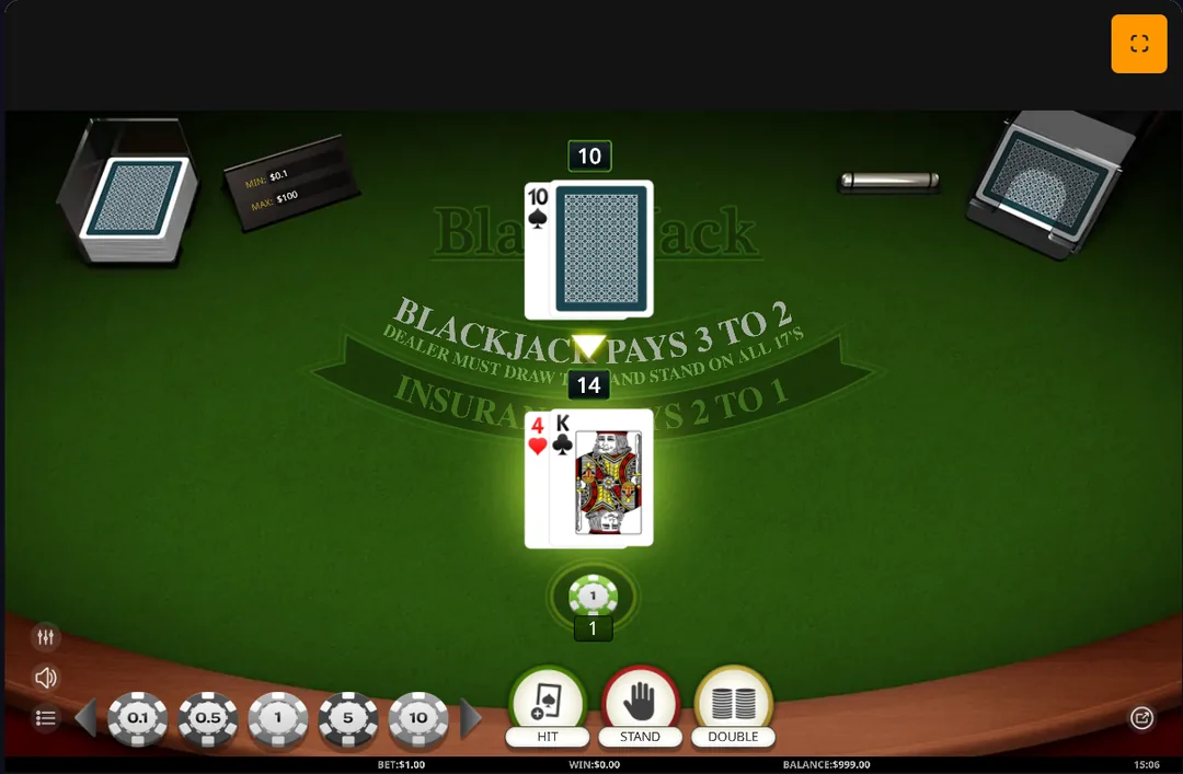 Screenshot der Oberfläche des Blackjack-Simulators