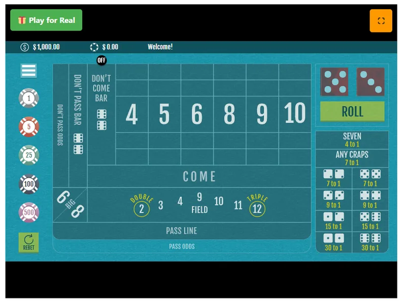 Captura de pantalla de la interfaz del simulador de Craps